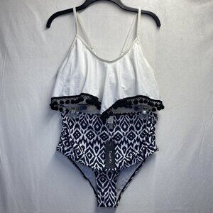 Tempt Me High Waisted Bikini Set Flounce Pom Pom Trim TopWomen Large Black/White